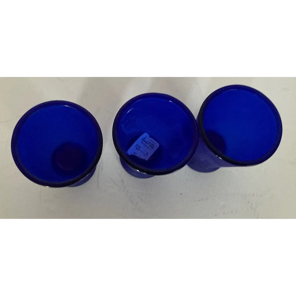 Cobalt Blue Frosted Glass Shot Glasses Set of 3 Tapered Conical Barware